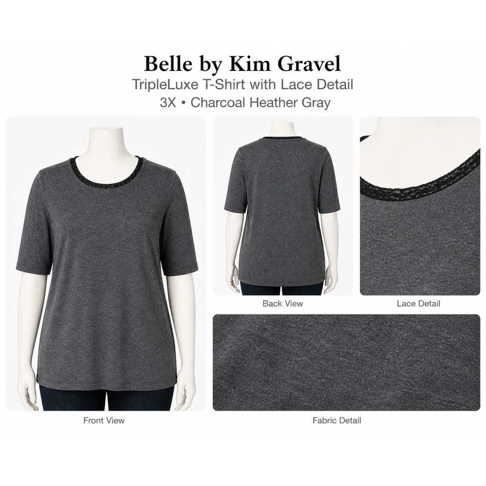 Belle by Kim Gravel TripleLuxe Lace Detail T-Shirt Charcoal 3X Plus Short Sleeve